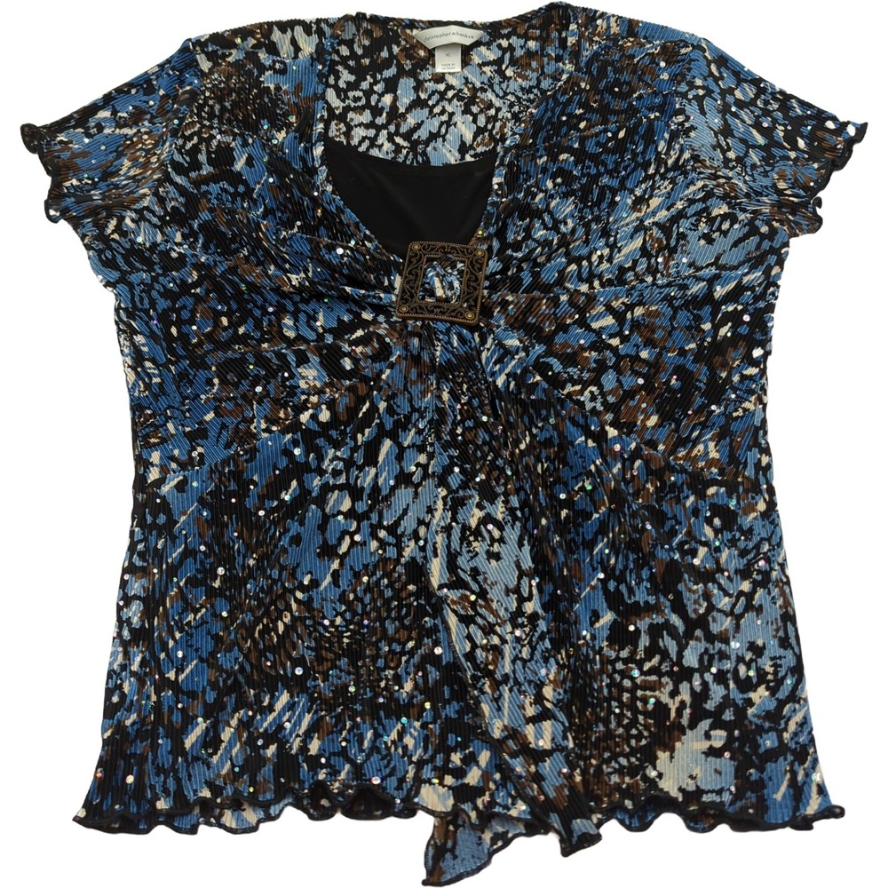 Christopher & Banks XL Blue Brown Pleated Sequin Buckle Layered Blouse Top
